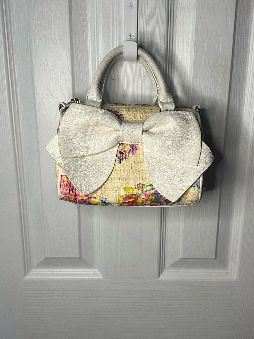 Betsey Johnson Cream Floral Mini Satchel with White Bow